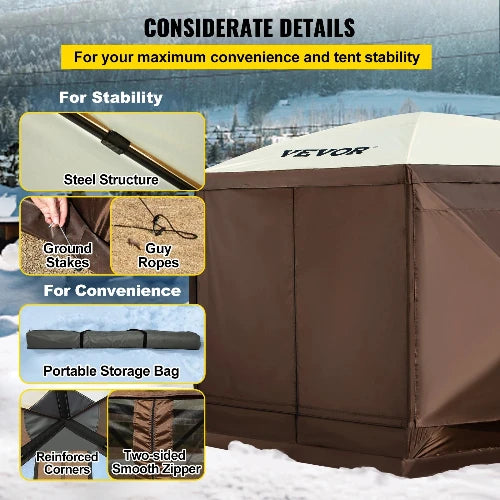 This picture is taken on a snowy mountainside. The header says, "Considerate Details" and the sub-header states, "For your maximum convenience and tent stability." There are several pictures to the side showing "The Stability". A picture of "Steel Structure" A Side-by-Side picture showing "ground stakes" and "guy ropes". The next picture below is of "Portable Storage Bag" and at the bottom another side-by-side picture of "reinforced corners" and "two-sided smooth zipper"