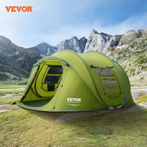 This tent is featured on a mountain campsite. The VEVOR Logo is placed in the upper left-hand corner. This popup is showing its open windows, and large entryway from front of tent. 