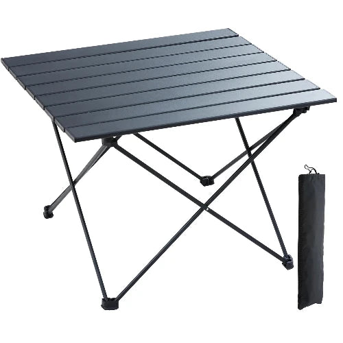 This table is on a white background and demonstrates its alloy top and collapsible design, includes picture of compact bag for easy storage.