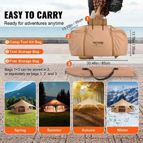 This picture shows a man carrying the tent. Header says easy to carry; sub header says ready for adventures anytime.  There are three bullet points describing bags.  1 bag for toolkit bag. 2 bag for tent storage. 3 bag for pole storage.  bags 1 & 3 can be stored in 2 or separately as bags 1, 2, and 3.  4 pictures shown at bottom for all year camping.