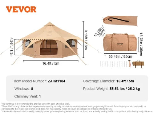 This picture has the logo at the top left corner.  The tent is 16.4ft width.  Height is 4.26 with each side has its own door. Total height to pole top is 9.18 feet. Pole Bag shown, Carrying bag is 13.7in x 13.57 in.  Length is 33.46. 8 windows. 1 Chimney Vent. Coverage diameter is 16.4 ft. Product weight is 55.56 lbs. 