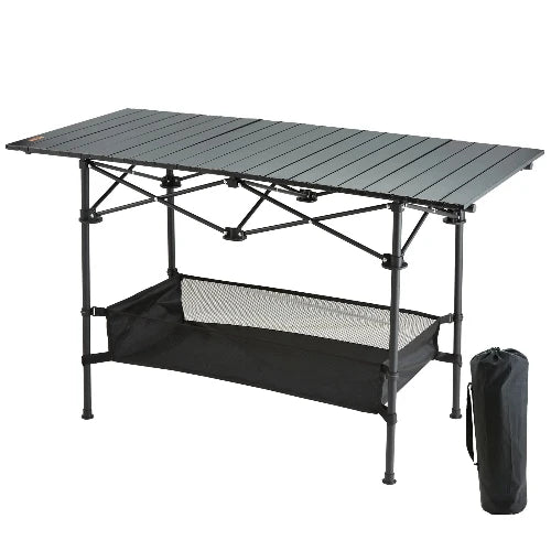 This picture is set on a white background featuring the large folding table, a net that can be arranged below the table, and an easy to store carrying bag. 