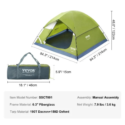 Featured on a white background. 1st image is of the tent in the carrying case. Dimensions are 18.1" x 5.9". 2nd image is of the tent with a tarp and open door. Dimensions are 84.3" x 84.3" x 48". Frame material is .03" fiberglass. Tarp materials 190T Dacron & 150D Oxford. Assembly is Manual. Net weight is 7.9 Lbs.