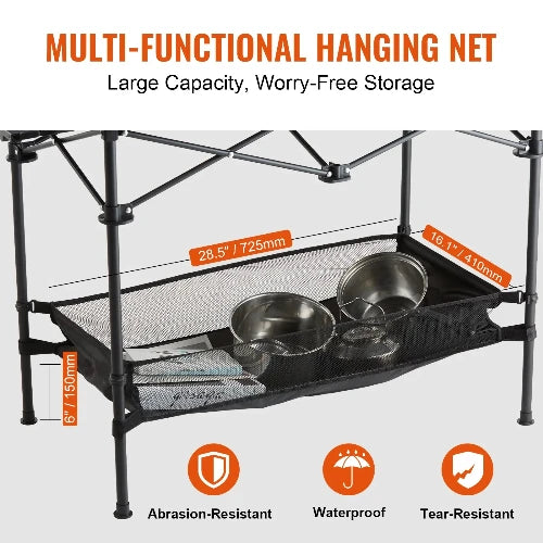 This picture is on a white background. The header says, "Multi-functional Hanging Net" and sub-header says, "Large Capacity, Worry-Free Storage" The picture also shows the its dimensions: Base to Netting 6"; Width 28.5", Width of Net 16.1" Inside the hanging net are several books, a kettle, and two pots.  Three bullet points at the bottom of picture demonstrate: Abrasion-Resistant, Waterproof, and Tear-Resistant"