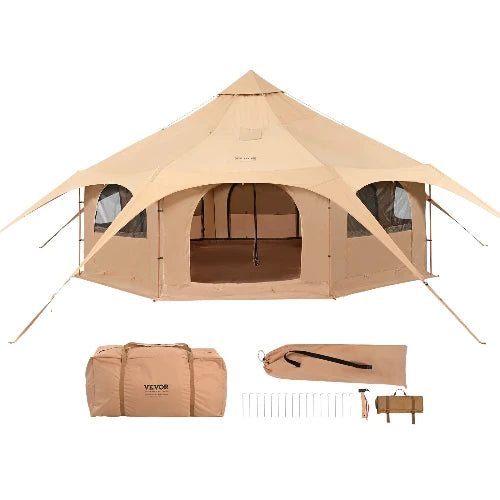 This  picture is on a white background to show all product features. Hexagon Bell Tent, each side has a window. Large door opening. Pole in middle. Short Canvas top with  canvas limbs to stake down. Pole Bag, Stakes, Toolkit, Carrying bag for tent. 