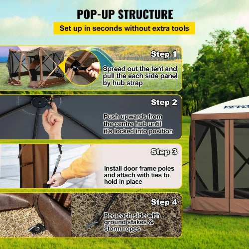 This picture is taken in a green landscape with header, "Pop-Up Structure" and sub-header, "Sed up in seconds without extra tools" To the left-hand side it shows the 4-step process to instillation. Step 1: Spread out the tent and pull the each side panel by hub strap. Step 2: Push upwards from the center hub until it's locked into position. Step 3: Install door frame poles and attach with ties to hold in place. Step 4: Peg each side with ground stakes & storm ropes"