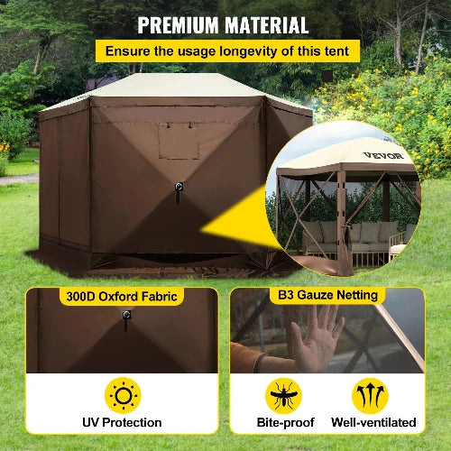 This picture is taken on a green landscape. The header says, "Premium Material" and the sub-header says, "Ensure the usage longevity of this tent". The closed in picture of the gazebo has a zoomed in option  showing the screened-in option. There are two pictures towards the bottom demonstrating the 300D Oxford Fabric with UV Protection and the B3 Gauze Netting featuring the Bite-proof and well-ventilated design. 