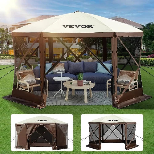 This picture is taken on a lawn. Inside the VEVOR gazebo is a sofa, two chairs, and two tables.  At the bottom of the picture are two additional pictures one featuring the gazebo being closed in and the other featuring the netting breathable option. 