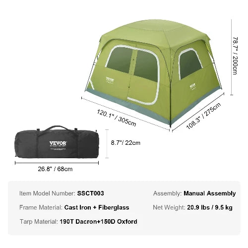 Featured on a white background. The carrying case dimensions are 26.8" x 8.7". This taller tent is shown with tarp, zipped up door and windows. Dimensions are 120.1" x 108.3" x 78.7". Frame material is Cast Iron & Fiberglass. Tarp material is 190 T Dacron + 150D Oxford. Assembly is manual. Net weight is 20.9 lbs. 