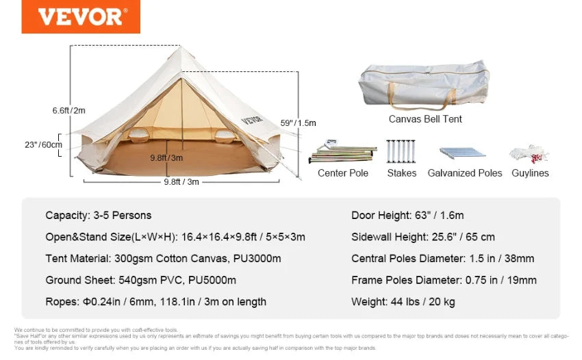 On white background. VEVOR logo on top left corner. Pictures of Yurt dimensions, Carrying Case, Center Poles, Stakes, Galvanized poles, and guy lines. Capacity: 3-5 persons. Open & Stand size: 16.4x16.4x9.8ft. Ground Sheet 540 PVC, Ropes: 0.24" x 118.1". Door height: 63". Sidewall height: 25.6". Central Poles Diameter: 1.5". Frame Poles Diameter: 0.75". Weight: 44 lb. 