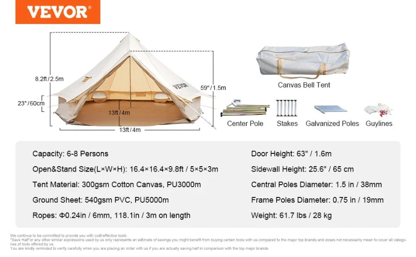 On white background with VEVOR logo in top left corner.  Pictures of Yurt, Canvas Carry Bat, Center Poles, Stakes, Poles, and guy lines.  Capacity: 6-8 persons. Open & Stand: 16.4x16.4x3M. Door height: 63". Sidewall height; 25.6". Central Poles diameter: 1.5". Frame poles diameter: 0.75". Weight: 61.7 lbs. 