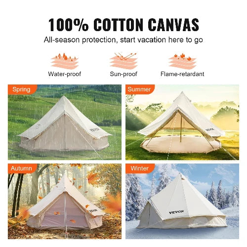 Header: 100% Cotton. Sub-Header: All-season protection, start vacation here to go. Three bullet point graphics: water-proof, sun-proof, and flame-retardant.  Season images.  Spring shows Yurt closed on rainy mountainside. Summer shows a sunny campground with open yurt and base rolled up for airflow. Autumn shows fall foliage campground with yurt base rolled down and screen opening zipped down. Winter is on a snowy campsite, fully zipped down, windows sipped, and opening area for stove jack. 