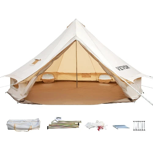 On a white background. This picture shows an open yurt with a pole in the middle, zipped open windows at base of yurt. Five small pictures at bottom including carrying case, steel poles, guy line ropes, stakes, and sturdy option of stakes. 