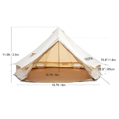 This tent is on a white background with dimensions. 19.7 ft width. 25.6 in height. Bell Ht to Zipper is 70.8 inches. Total height to pole is 11.5 ft. 