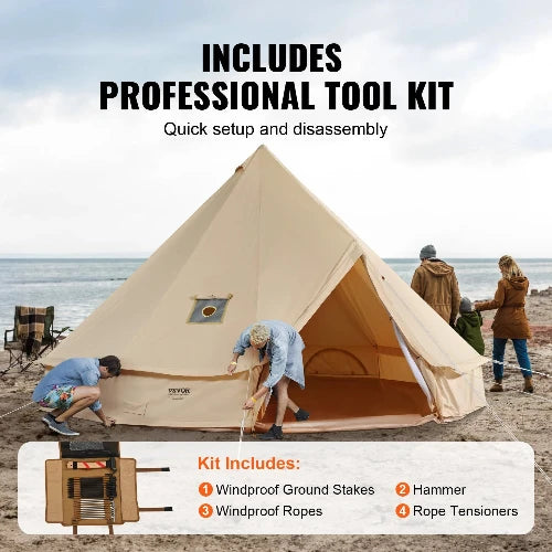 This picture shows several people camping by the seaside.  The header says Includes Professional Tool Kit with sub header that says Quick setup and disassembly.  Picture on bottom showing kit includes: windproof ground stakes, windproof fopes, hammer, rope ensions.  Toolkit comes in travel pouch for easy sotrage. 