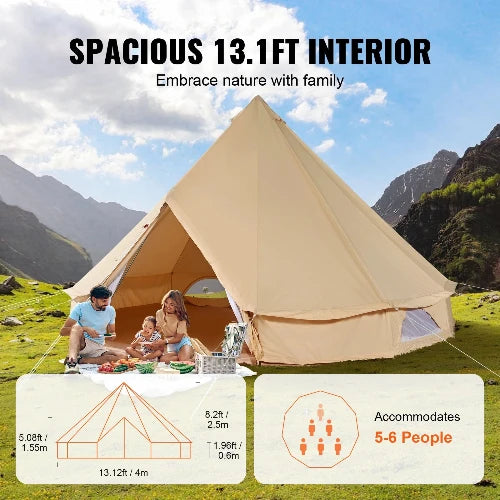 This picture features a family eating a picnic in front of the mountains, while sitting by their bell tent.  The header says Spacious 13.1 ft Interior and sub heading says Embrace nature with family.  The bottom shows 2 pictures.  One with dimentions: 5.8ftx8.2ft,  and 8.2 ftx1.96 ft; width 13.12 ft. Another demonstrating accommodates 5-6 people.