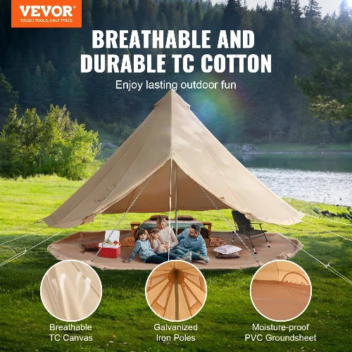 This picture shows the VEVOR logo on the top left hand corner.  The picture shows a family laying on the canvas tarp, and using the top of the bell tent as a canopy cover.  The header says Breathable-and-Durable-TC-Cotton and sub header says enjoy lasting outdoor fun.  There are three small pictures at the bottom of the picture.  The first picture demonstrates the breathable TC canvas feature, the second picture features galvanized iron poles, and the third picture features moisture-proof PVC groundsheet.