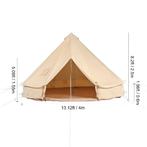 Tent on white background. 13.12 ft width. Ht is 1.96 feet. Bell ht is 5.08 ft. Total height is 8.2 ft. 