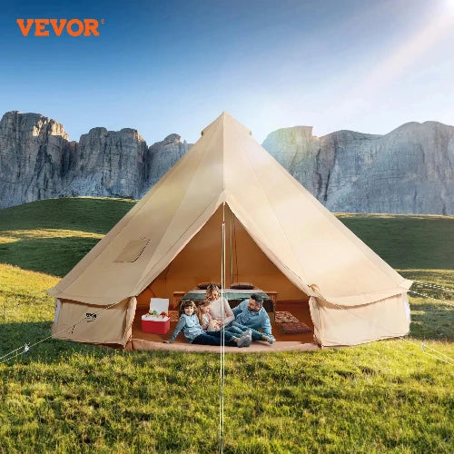 Picture with Vevor in the top left hand corner.  The bell tent shows a family sitting in the tent on a campsite with green grass and mountainside in the background.