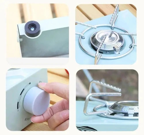 A collage of four images showcasing a vintage portable camping stove. The top left image shows one leg of the underside of the stove. The top right image shows a top view of the metal range and bruner. The bottom left shows someone turning the temperature dial. The bottom right shows a side view close up of the metal range and burner.