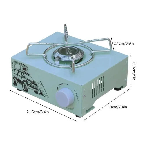 A blue portable butane gas stove with a metal range and a black stenciled image of an SUV camping with a temperature dial/ The dimensions are listed s 21.5cm/8.4in long, 19cm/7.4in wide, and 12.7cm/5in tall.