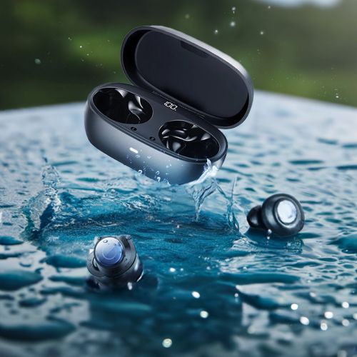 A pair of black wireless earbuds and their case are floating in water, demonstrating their water resistance.