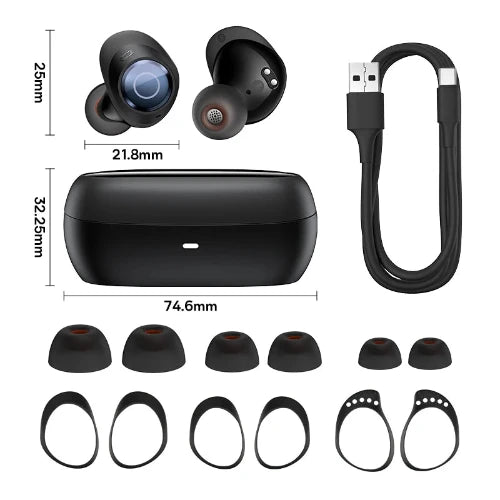 The Case is 32.25mm by 74.6mm; earbud is 25mm by 21.8mm; charging cord; various ear tips for a snug fit.