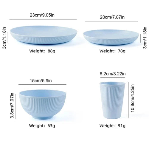 Dimensions of each item in the 16-piece wheat straw dinnerware set. Large plate- 1.18in H x 9.05in W and weighing 88g. Small plate- 1.18in H x 7.87n W and weighing 78g. Bowl 7.07in H x 5.9in W and weighing 63g. Cup- 4.25in H x 3.22in W and weighing 51g.