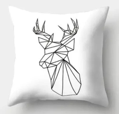 A white square throw pillow with a lined geometric deer head design.