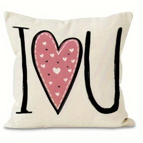 White i heart you pillow cover.  Black Herat is filled in pink with white and black hearts throughout for decorative design