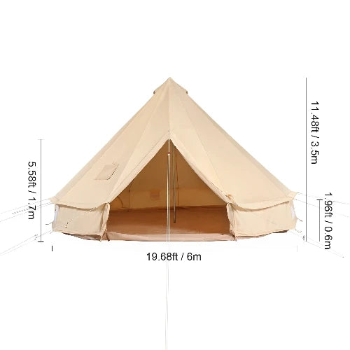 Bell Tent shown on white background with dimentions. Widgth is 19.68 ft. Height before bell curve is 1.96 ft. Height of bell curve is 5.5ft. Total ht is 11.48 ft. Pole in middle for easy setupu.