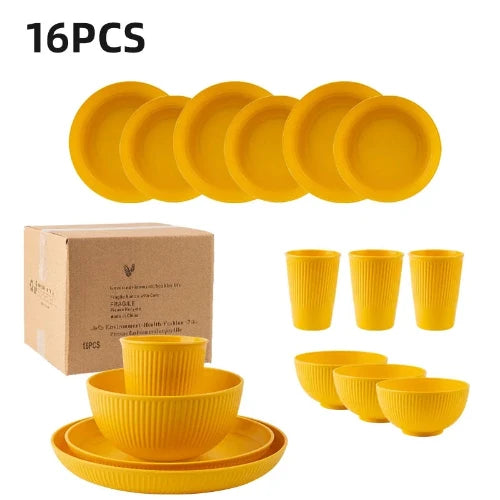 A 16-piece yellow wheat straw dinnerware set consisting of plates, bowls and cups. Text on the image reads "16PCS".