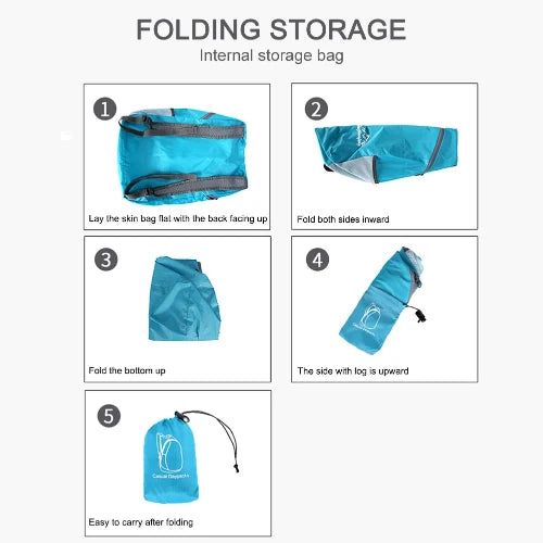 on a white background. Header, "Folding Storage" Sub-header, "Internal Storage Bag" 5 pictures showing how to fold. 1. lay the skin bag flat with the back facing up. 2. fold both sides inward. 3. fold the bottom up. 4. the side with log is upward. 5. easy to carry after folding. 